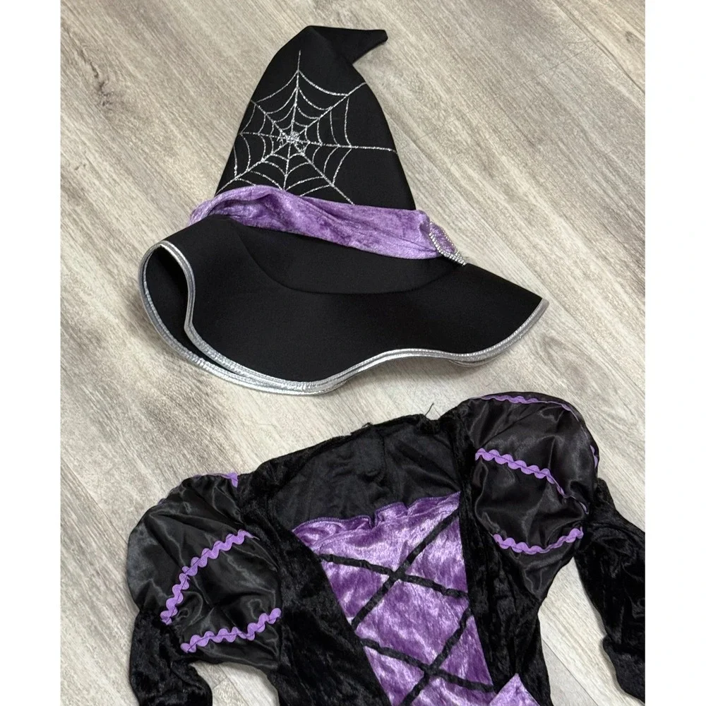 Kids Witch Costume‎ Dress Hat Spider Web Purple Black Halloween Magical  Dress